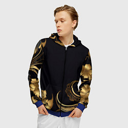Толстовка 3D на молнии мужская Золотистые объемные листья и узоры, цвет: 3D-синий — фото 2
