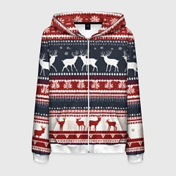 Толстовка 3D на молнии мужская Олени белые и красные свитер новогодний, цвет: 3D-белый