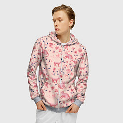 Толстовка 3D на молнии мужская Розовый паттерн с цветами и котиками, цвет: 3D-меланж — фото 2