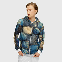 Толстовка 3D на молнии мужская Denim patchwork - ai art, цвет: 3D-белый — фото 2