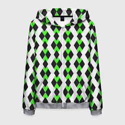 Толстовка 3D на молнии мужская Чёрные и зелёные ромбы на белом фоне, цвет: 3D-меланж