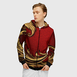 Толстовка 3D на молнии мужская Классический золотой узор на красном бархате, цвет: 3D-черный — фото 2