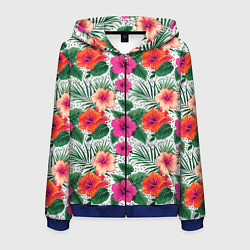 Толстовка 3D на молнии мужская Цветы гибискуса и листья мальмы летний тропический, цвет: 3D-синий