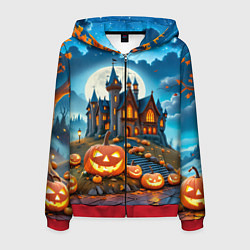 Толстовка 3D на молнии мужская Ночь Хэллоуина тыквы и замок, цвет: 3D-красный