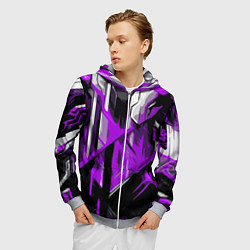 Толстовка 3D на молнии мужская White and purple abstraction on a black background, цвет: 3D-меланж — фото 2