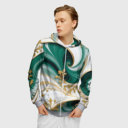 Толстовка 3D на молнии мужская Зеленые волны и золотые веточки, цвет: 3D-меланж — фото 2