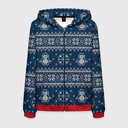 Толстовка 3D на молнии мужская Вязаный зимний узор с милыми пингвинами, цвет: 3D-красный