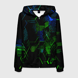 Мужская толстовка на молнии Сине-зелёные точки и линии на чёрном фоне