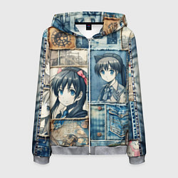 Мужская толстовка на молнии Пэчворк деним и аниме