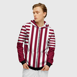 Толстовка 3D на молнии мужская Бело красный узор в полоску, цвет: 3D-черный — фото 2