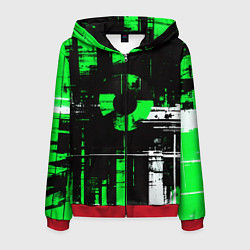 Мужская толстовка на молнии Зелёно-белый гранж на чёрном фоне