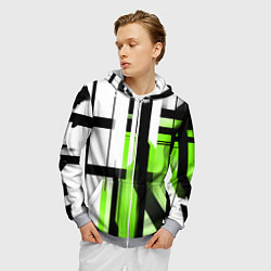 Толстовка 3D на молнии мужская Чёрно-зелёные вертикальные и горизонтальные полосы, цвет: 3D-меланж — фото 2