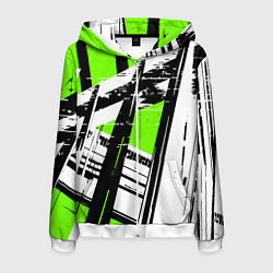 Мужская толстовка на молнии Чёрно-белые абстрактные линии на зелёном фоне