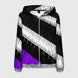 Мужская толстовка на молнии Диагональные чёрно-белые полосы на фиолетовом фоне
