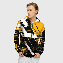 Толстовка 3D на молнии мужская Diagonal black and white stripes on a yellow backg, цвет: 3D-черный — фото 2