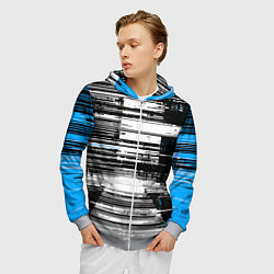 Толстовка 3D на молнии мужская Горизонтальные чёрные линии на бело-синем фоне, цвет: 3D-меланж — фото 2
