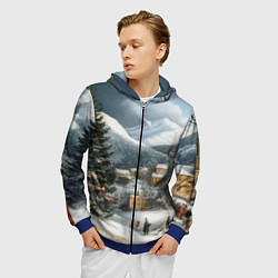 Толстовка 3D на молнии мужская Новогодняя огромная елка и маленькие домики, цвет: 3D-синий — фото 2