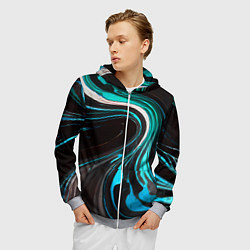 Толстовка 3D на молнии мужская Волнистые бело-голубые линии на чёрном фоне, цвет: 3D-меланж — фото 2