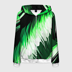 Толстовка 3D на молнии мужская Зелёно-белая абстракция на чёрном фоне, цвет: 3D-белый