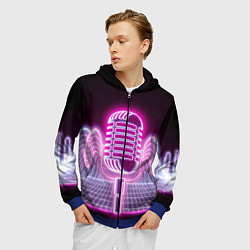 Толстовка 3D на молнии мужская Розовый неоновый микрофон, цвет: 3D-синий — фото 2