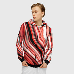 Толстовка 3D на молнии мужская Волнистые вертикальные чёрно-красные полосы, цвет: 3D-черный — фото 2