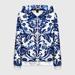 Толстовка 3D на молнии мужская Гжель русский узор акварель, цвет: 3D-белый