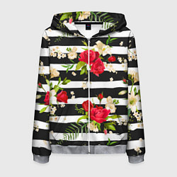 Толстовка 3D на молнии мужская Красные розы на черных полосках, цвет: 3D-меланж