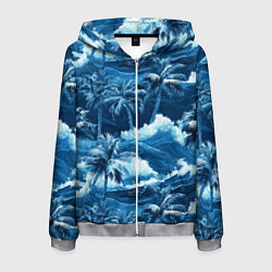 Мужская толстовка на молнии Пальмы и волны - голубые оттенки паттерн