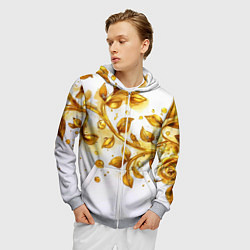 Толстовка 3D на молнии мужская Золотые листья на белом, цвет: 3D-меланж — фото 2