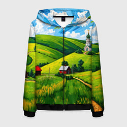 Толстовка 3D на молнии мужская Русская деревенька, цвет: 3D-черный