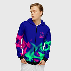 Толстовка 3D на молнии мужская Nirvana fire neon, цвет: 3D-черный — фото 2