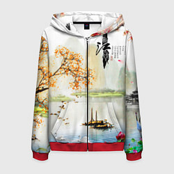 Толстовка 3D на молнии мужская China Landscape, цвет: 3D-красный