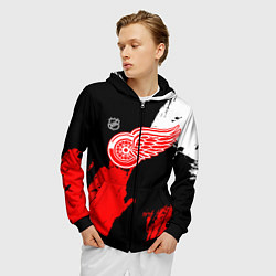 Толстовка 3D на молнии мужская Детройт Ред Уингз - брызги краска на черном фоне, цвет: 3D-черный — фото 2