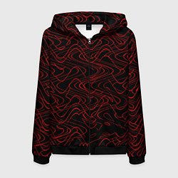Толстовка 3D на молнии мужская Чёрный с красными волнистыми линиями абстракция, цвет: 3D-черный