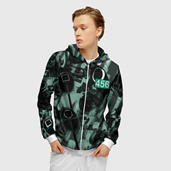 Толстовка 3D на молнии мужская Номер 456 на фоне масок игры в кальмара, цвет: 3D-белый — фото 2