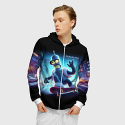 Толстовка 3D на молнии мужская Bender is a skateboarder in neon street - ai art, цвет: 3D-белый — фото 2