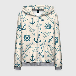 Толстовка 3D на молнии мужская Морской паттерн из штурвалов, чаек и якорей, цвет: 3D-меланж