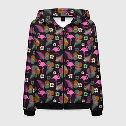 Толстовка 3D на молнии мужская Фламинго и листья на темно-синем, цвет: 3D-черный