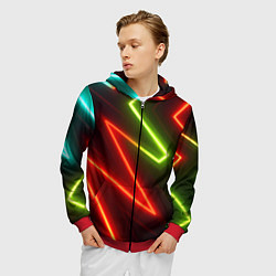 Толстовка 3D на молнии мужская Неоновые разноцветные кислотные линии, цвет: 3D-красный — фото 2