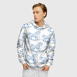 Толстовка 3D на молнии мужская Лошадка качалка гжель, цвет: 3D-белый — фото 2