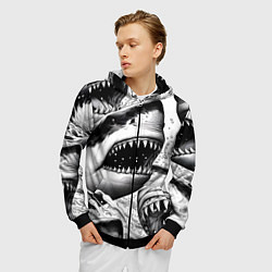 Толстовка 3D на молнии мужская Белая акула - стая, цвет: 3D-черный — фото 2