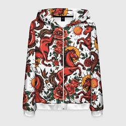 Толстовка 3D на молнии мужская Красный конь в стиле татуировки, цвет: 3D-белый
