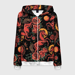 Толстовка 3D на молнии мужская Красная лошадь с розами, цвет: 3D-белый