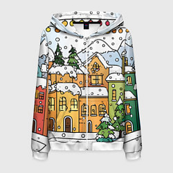 Толстовка 3D на молнии мужская Новогодний снегопад, цвет: 3D-белый