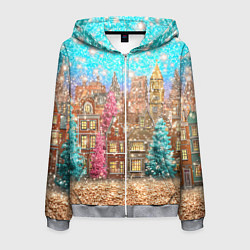 Толстовка 3D на молнии мужская Новогодний город в блестках, цвет: 3D-меланж