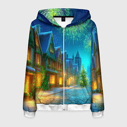 Толстовка 3D на молнии мужская Праздничный новогодний салют, цвет: 3D-белый