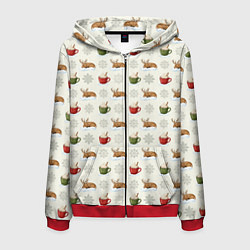 Толстовка 3D на молнии мужская Зимний паттерн с оленем и чашками какао, цвет: 3D-красный