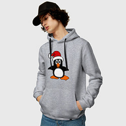 Толстовка-худи хлопковая мужская Новогодний пингвин, цвет: меланж — фото 2