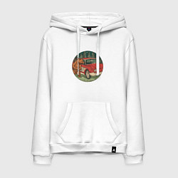 Толстовка-худи хлопковая мужская Медведь и машина в лесу, цвет: белый