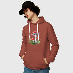 Толстовка-худи хлопковая мужская Мухоморы в траве, цвет: кирпичный — фото 2